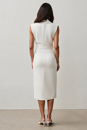 White Sheath Midi Work Dress with Belt